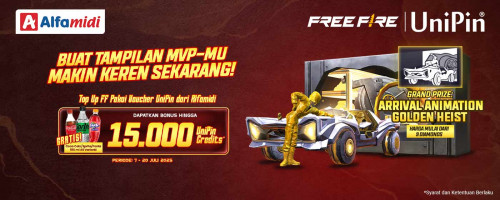 Top Up FF Pakai Voucher UniPin dari Alfamidi Bisa Dapetin Bonus UC, Arrival Animation Golden Heist dan Minuman Gratis!